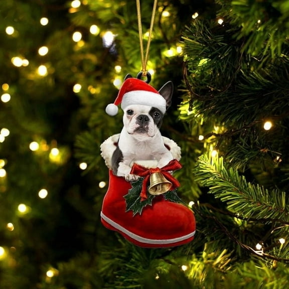 Acrylic 2D FLAT Boston Terrier In Santa Boot Christmas Hanging Ornament