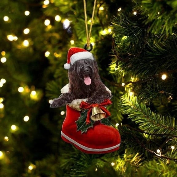 Acrylic 2D FLAT Briard In Santa Boot Christmas Hanging Ornament
