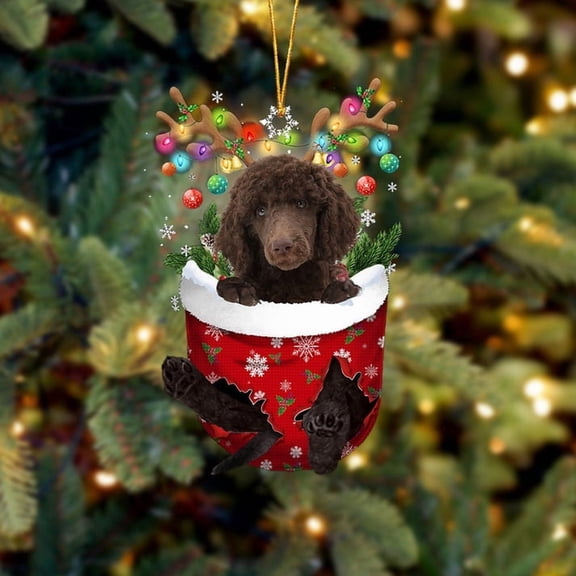 Acrylic 2D FLAT - Chocolate Standard Poodle In Snow Pocket Christmas Ornament Flat Acrylic Dog Ornament - Holiday Tree Decoration
