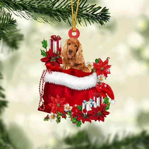 Acrylic 2D FLAT - Cocker Spaniel In Gift Bag Christmas Ornament - Holiday Tree Decoration