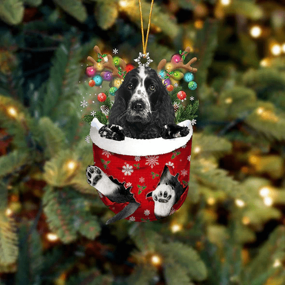 Acrylic 2D FLAT Cocker Spaniel In Snow Pocket Christmas Ornament 2