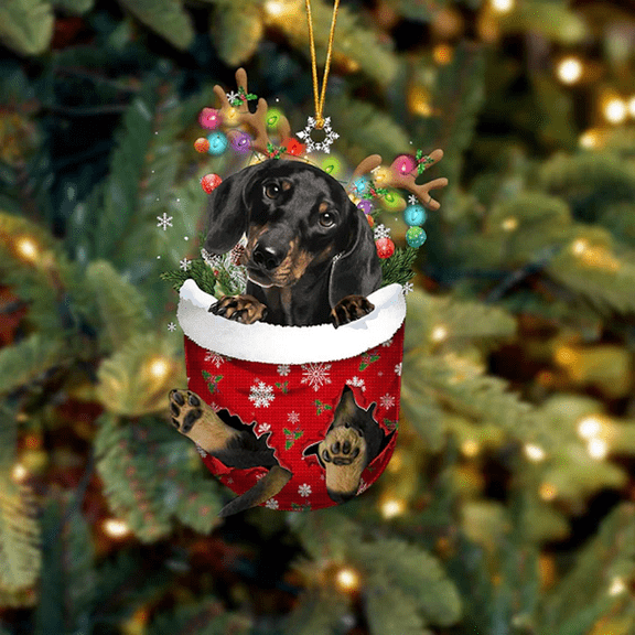Acrylic 2D FLAT Dachshund In Snow Pocket Christmas Ornament 1