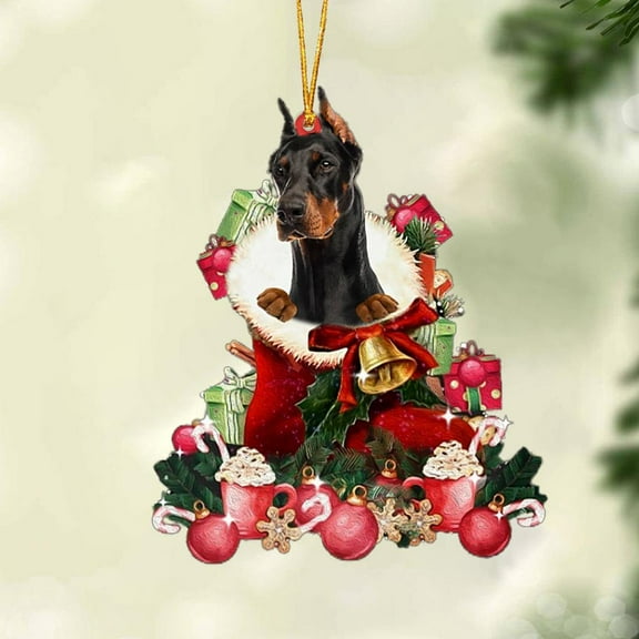 Acrylic 2D FLAT - Doberman-Red Boot Hanging Ornament - Holiday Tree Decoration