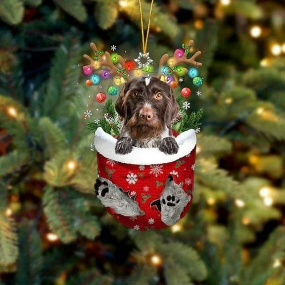 Acrylic 2D FLAT German Wirehaired Pointer In Snow Pocket Christmas Ornament
