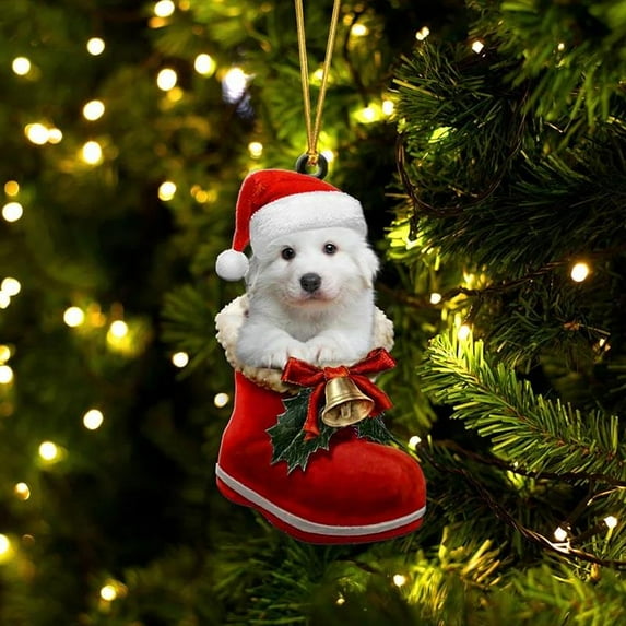 Acrylic 2D FLAT Great Pyrenees In Santa Boot Christmas Hanging Ornament