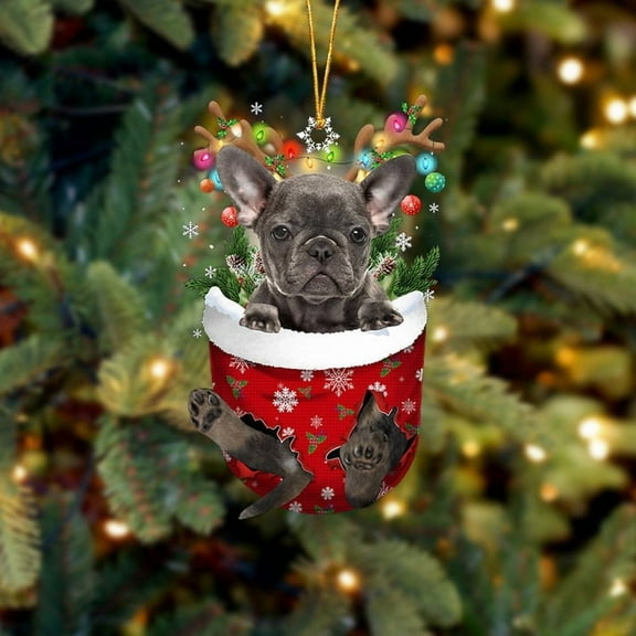 Acrylic 2D FLAT - Grey French Bulldog In Snow Pocket Christmas Ornament Flat Acrylic Dog Ornament - Holiday Tree Decoration