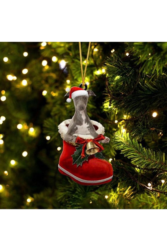 Acrylic 2D FLAT Greyhound In Santa Boot Christmas Hanging Ornament
