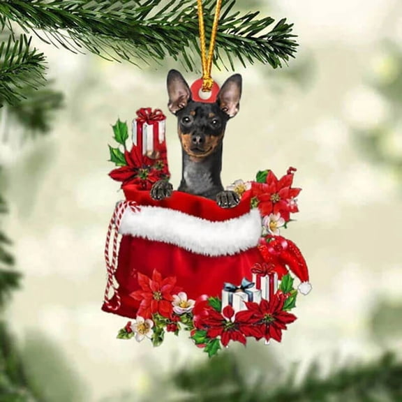 Acrylic 2D FLAT - Miniature Pinscher In Gift Bag Christmas Ornament 125 - Holiday Tree Decoration