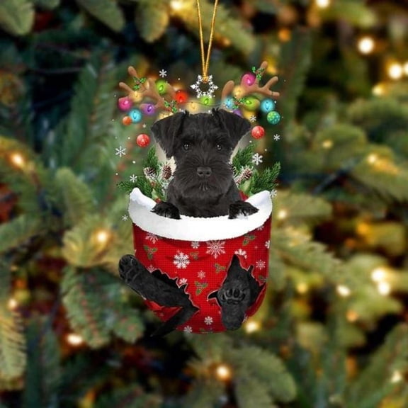 Acrylic 2D FLAT Miniature Schnauzer In Snow Pocket Christmas Ornament 1