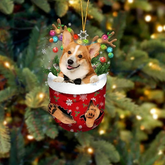 Acrylic 2D FLAT Pembroke Welsh Corgi In Snow Pocket Christmas Ornament