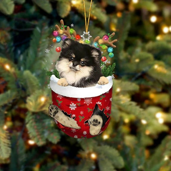 Acrylic 2D FLAT Pomeranian In Snow Pocket Christmas Ornament 2