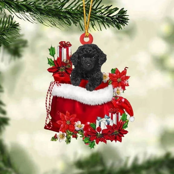 Acrylic 2D FLAT - Poodle In Gift Bag Christmas Ornament - Holiday Tree Decoration