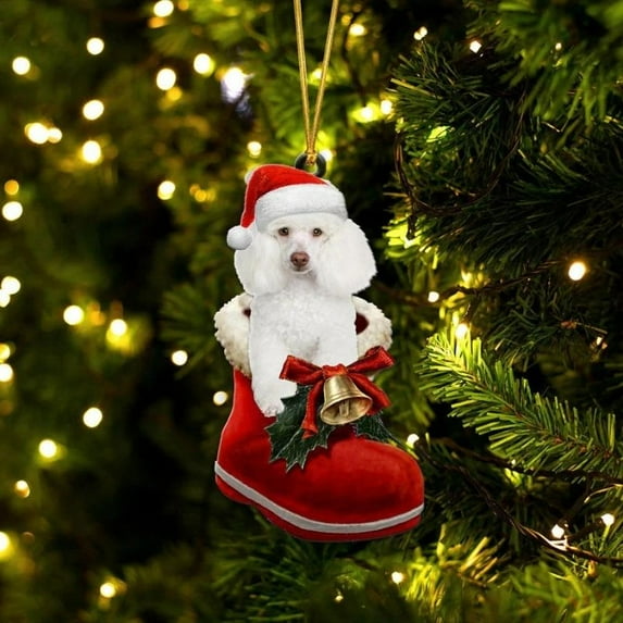 Acrylic 2D FLAT Poodle White In Santa Boot Christmas Hanging Ornament