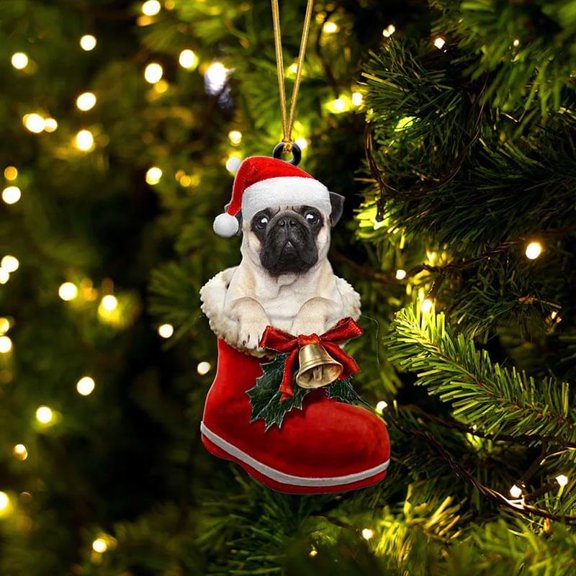 Acrylic 2D FLAT Pug In Santa Boot Christmas Hanging Ornament