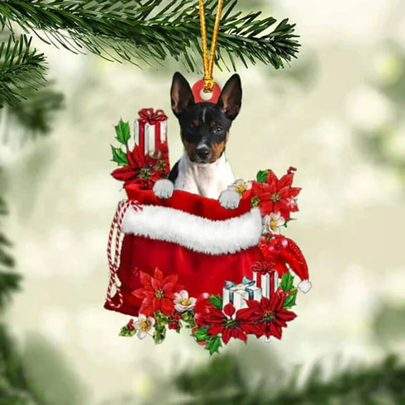 Acrylic 2D FLAT - Rat Terrier In Gift Bag Christ - Holiday Tree Decoration