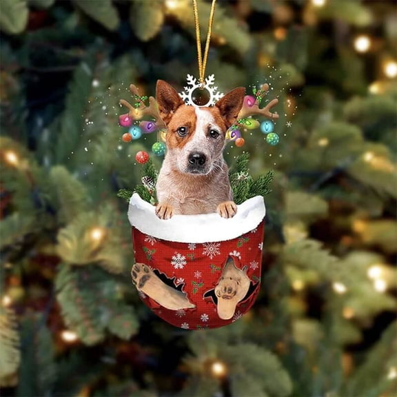 Acrylic 2D FLAT Red Heeler In Snow Pocket Christmas Ornament