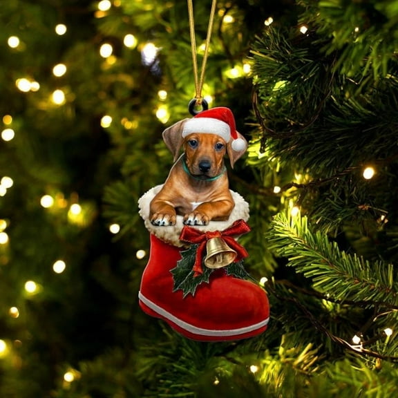 Acrylic 2D FLAT Rhodesian Ridgeback In Santa Boot Christmas Hanging Ornament