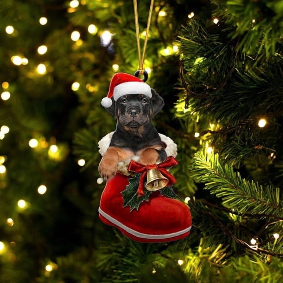 Acrylic 2D FLAT Rottweiler In Santa Boot Christmas Hanging Ornament