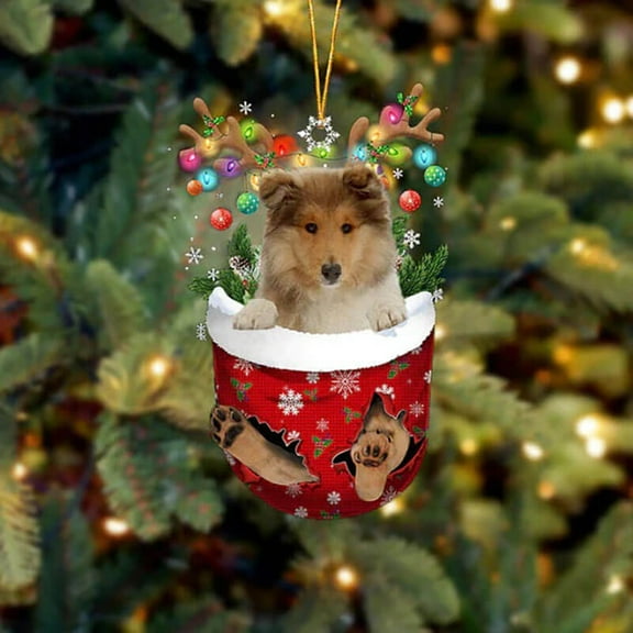 Acrylic 2D FLAT Rough Collie In Snow Pocket Christmas Ornament