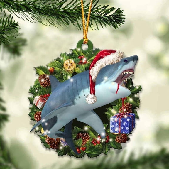 Acrylic 2D FLAT - Shark and Christmas Wreath Ornament gift for Shark lover ornament - Holiday Tree Decoration