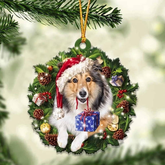 Acrylic 2D FLAT - Sheltie and Christmas Wreath Ornament gift for Sheltie lover ornament - Holiday Tree Decoration