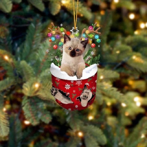 Acrylic 2D FLAT Siamese Cat In Snow Pocket Christmas Ornament