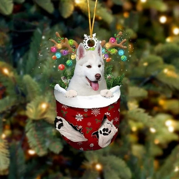 Acrylic 2D FLAT White Husky In Snow Pocket Christmas Ornament