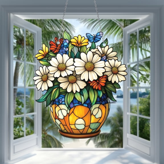 Acrylic 2D Flat Chrysanthemum Flower Pot with Butterfly Suncatcher, Colorful Car Hanging Ornament, Nature-Inspired Spring Decor, Perfect Gift for Home & Memorial, Beautiful Window Decoration