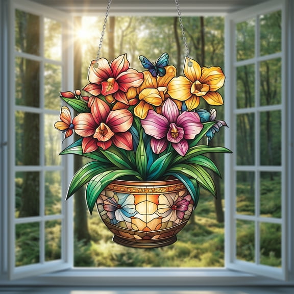 Acrylic 2D Flat Colorful Orchid Flower Pot Suncatcher, Vibrant Car Hanging Ornament, Nature-Inspired Spring Decor, Perfect Gift for Home & Memorial, Beautiful Window Decoratio