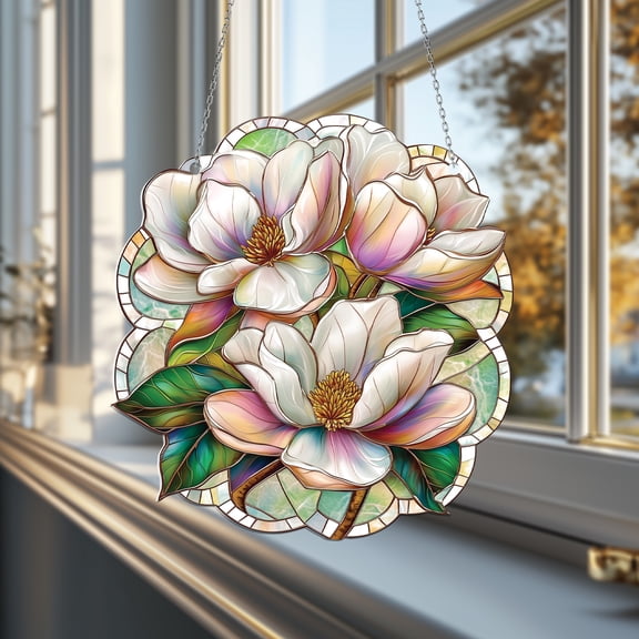 Acrylic 2D Flat Magnolia Flower Suncatcher, Colorful Car Hanging Ornament, Spring Decor, Nature-Inspired Gift for Home & Memorial, Elegant Window Decoration