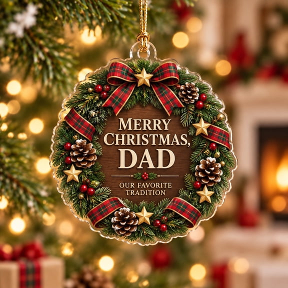 Acrylic 2D Flat Ornament, Merry Christmas Dad Plaid Wreath Tree Hanging Gift