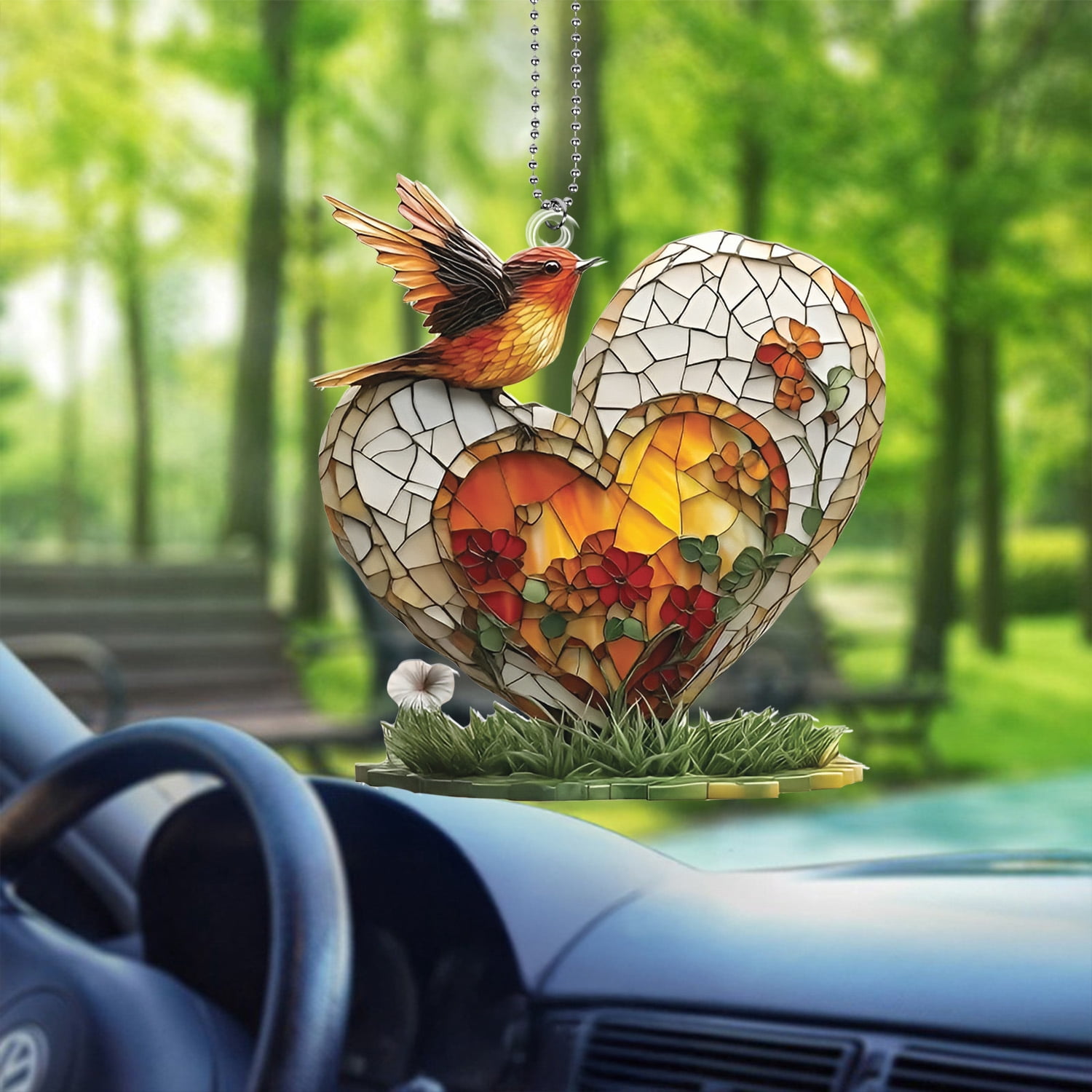 Acrylic 2D Heart and Bird Ornaments Car Decoration Romantic Rearview