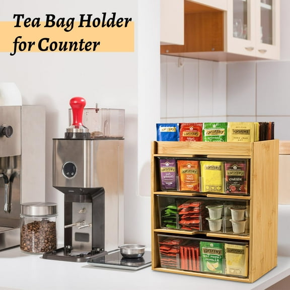 Bamboo Tea Bag Organizer with 3-Layer Drawer, Natural Wood & Acrylic Storage for Kitchen Cabinet Pantry