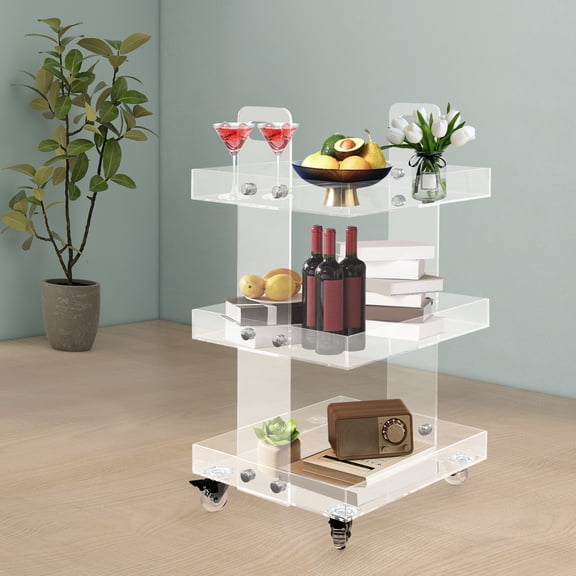 Acrylic 3-Tier Rolling Cart with Wheels, Clear Transparent Utility Storage Trolley for Kitchen Bathroom Bedroom Office, Heavy Duty 11.02Lbs Per Shelf with Locking Casters & Quiet TPE Wheels