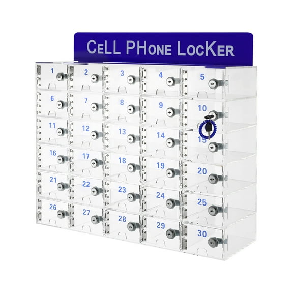Acrylic 30 Slots Cell Phone Locker Box, Clear Cell Phones Storage Cabinet with Door Locks and Charging Slot, Wall-Mounted Pocket Locker for Office Classroom Conference Rooms