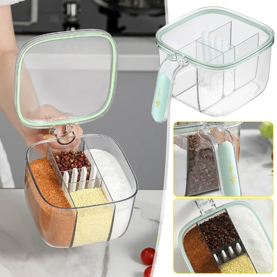 Acrylic 4 Compartment Condiment Organizer Set | Seasoning Box with Hinged Lid | Includes 4 Serving Spoons | Durable PET ABS Material | 17.5x10x17.5cm | Multifunction Spice Rack