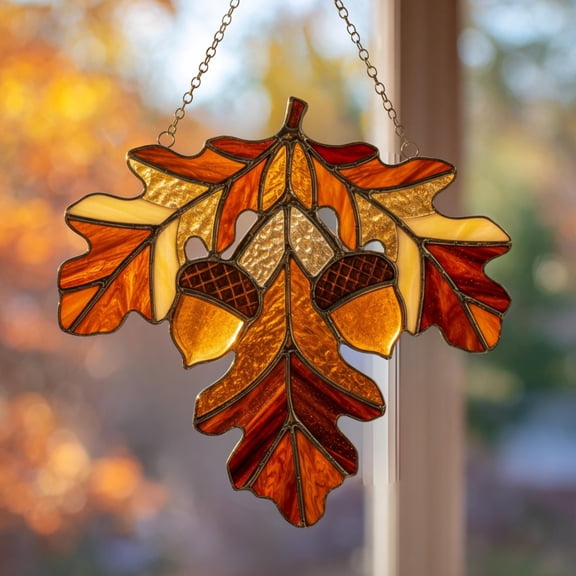 Acrylic Acorn Oak Leaf Suncatcher Window Hanging, Autumn Fall Decor, Thanksgiving Rustic Forest Gift