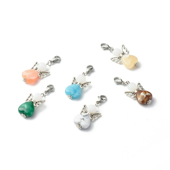 Acrylic Angel Beads Pendant with 304 Stainless Steel Lobster Claw Clasps and Tibetan Style Alloy Butterfly Beads Mixed Color 43~44mm