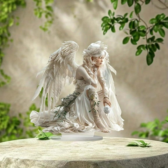 Acrylic Angel Figurine with Crystal Ball - Beautiful Sitting Angel Tabletop Decor for Home & Office
