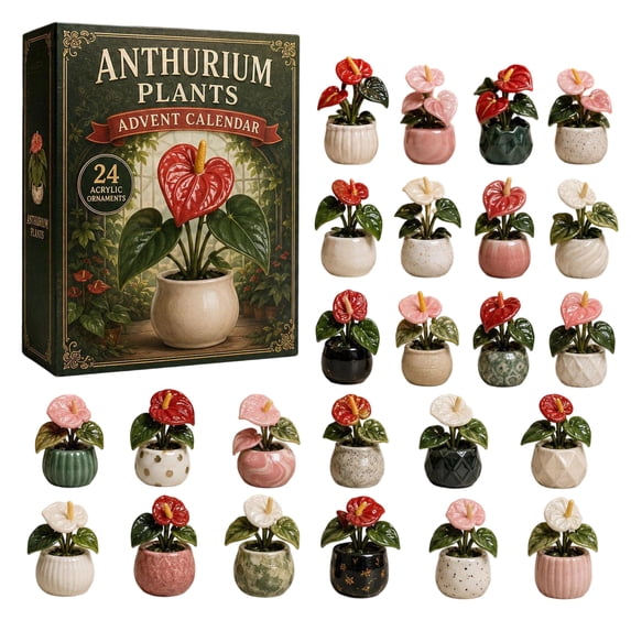 Acrylic Anthurium Advent Calendar with 24 Miniature Plant Ornaments in Decorative Paper Box, Festive Desk Decor Count Down Set for Office Desk Accessories Lovers, Christmas Gift