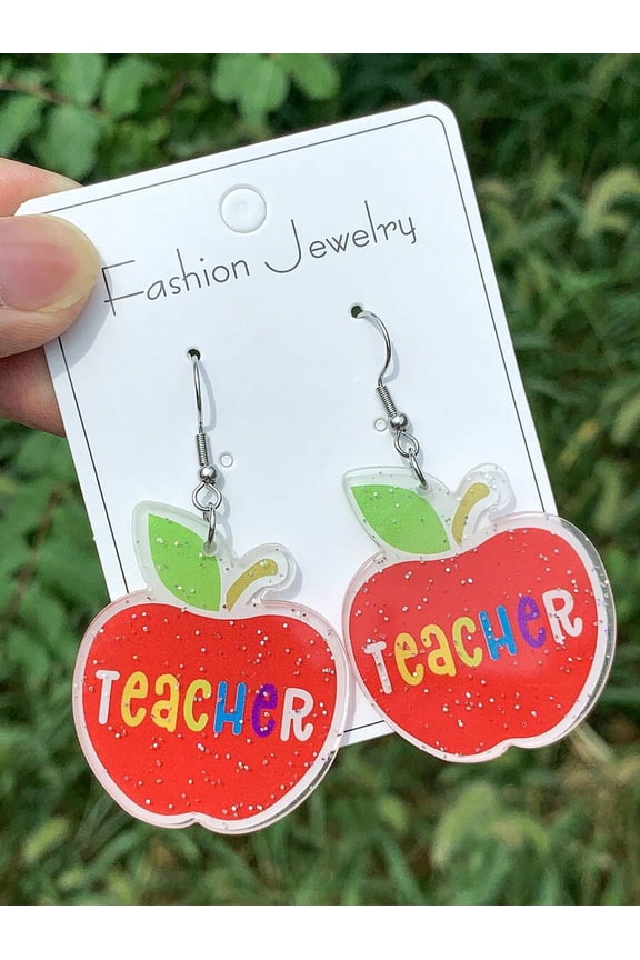 Acrylic Apple Earrings With Teacher Multicolor Letters, Glitter Red Design, Dangle Style For Teacher Appreciation