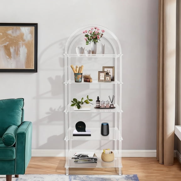 Acrylic Arched Bookshelf, 5-Tier Clear Bookshelf, Modern Open Book Shelves