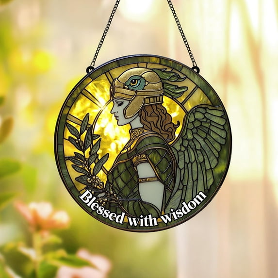Acrylic Athena Goddess Suncatcher fullxfull Winged Warrior with Olive Branch and Owl Helmet, Mythical Window Decor for Wisdom and Strength
