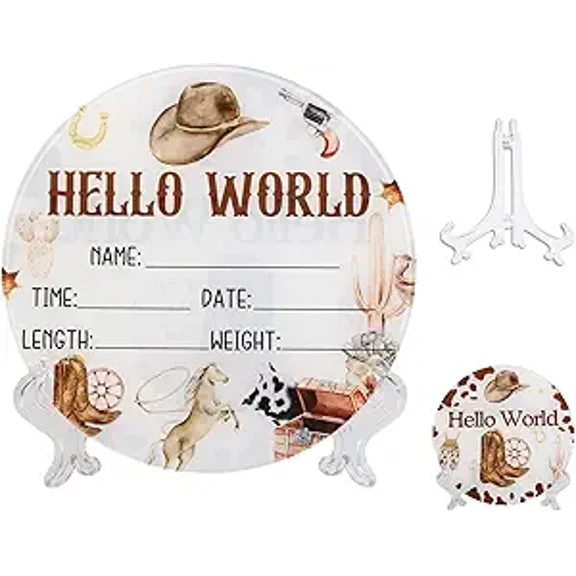 Acrylic Baby Birth Announcement Sign with Stand, Western Cowboy Theme Double-Sided Newborn Name Board, Hello World Milestone Card for Welcome Baby Hospital Nursery Gift Photo Prop