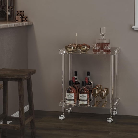 Acrylic Bar Cart, Rolling Serving Cart with 4 Lockable Wheels for The Home Bar, Kitchen, Living Room, Modern, 2-Tier, 23.6" L x 15" W x 30" H, Clear