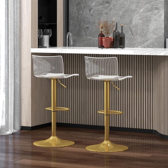 Acrylic Bar Stools with Mid Back, Set of 2, Transparent Adjustable Swivel Airlift Barstools, Counter Height Bar Chairs for Kitchen Dining Pub Cafe (Clear, Gold Base)$$Furniture