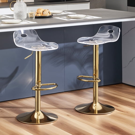 Acrylic Bar Stools Set of 2, Clear Adjustable Height gold Base Barstools with Back,360 Swivel Transparent Modern Bar Stool