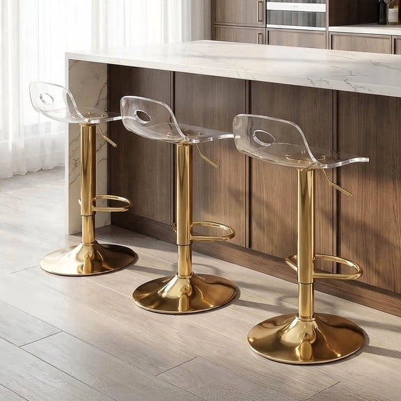 Acrylic Bar Stools Set of 3 Clear Adjustable Height Counter Stool 360 Swivel Gold Base Barstools with Back for Kitchen Counter Bar