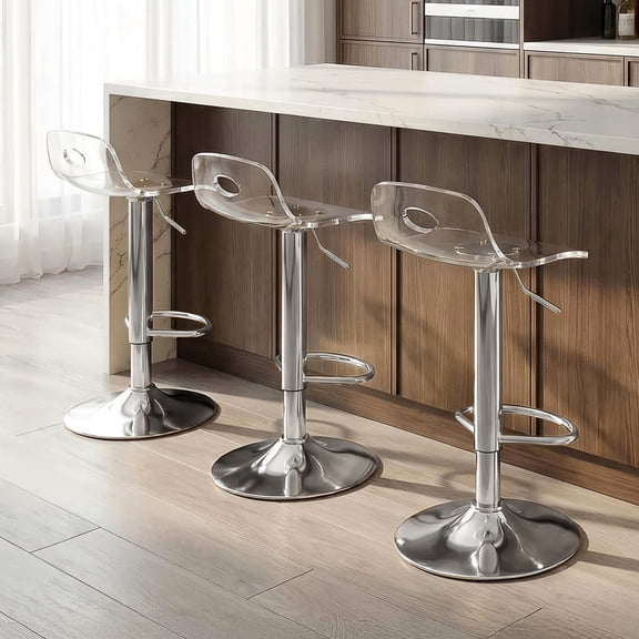 Acrylic Bar Stools Set of 3 Clear Adjustable Height Counter Stool 360 Swivel Silver Base Barstools with Back for Kitchen Counter Bar
