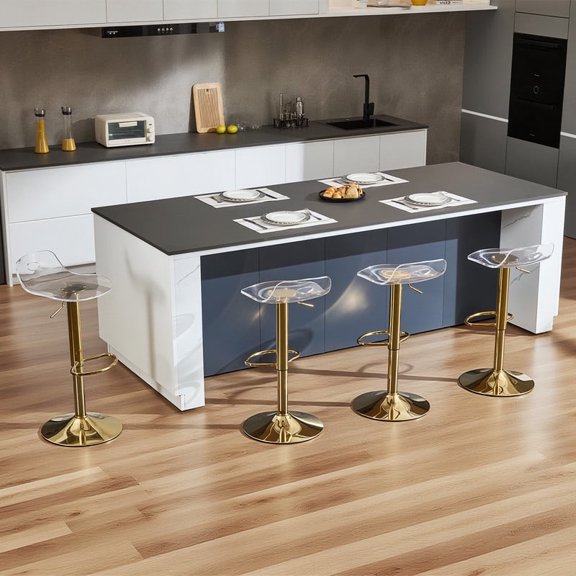 Acrylic Bar Stools Set of 4 Clear Adjustable Height Counter Stool 360 Swivel Gold Base Barstools with Back for Kitchen Counter Bar